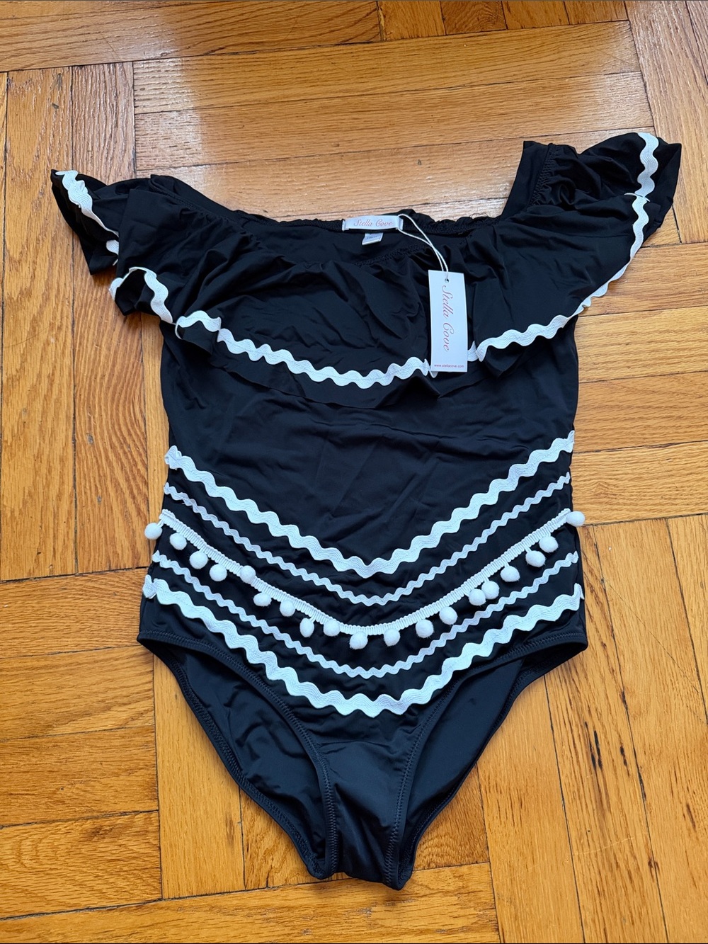 Stella Cove Black One-Piece Swimsuit with White Trim and Pom-Poms NWT